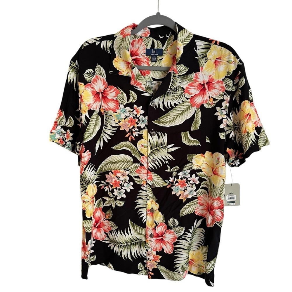 NWT George Mens Small Black Rayon Button Up Hawaiian Shirt Tropical Beach New S